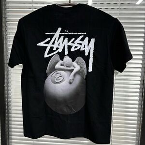 Stussy Black Tee with Angel and Eight Ball Graphic